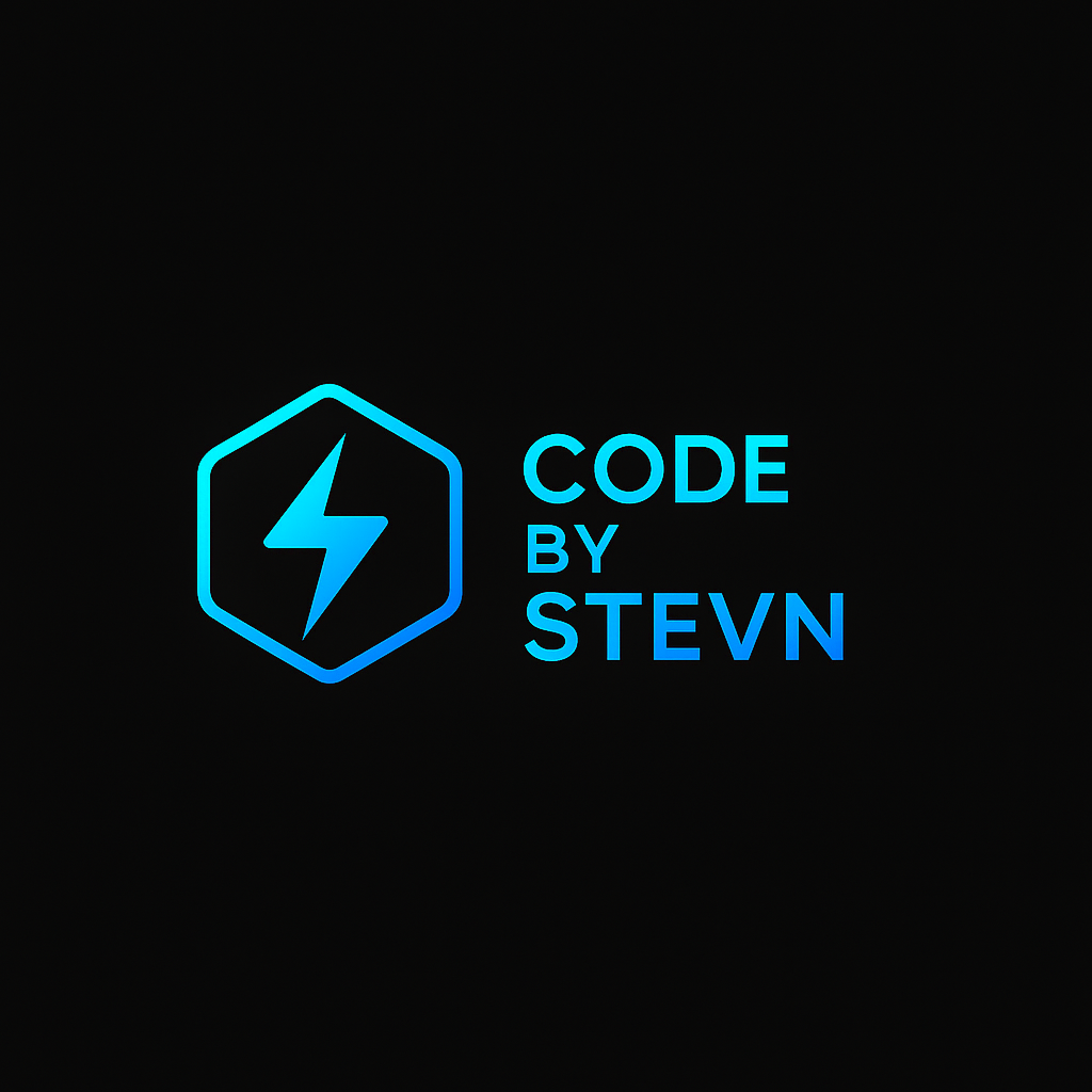 Blue hexagon logo with a lightning bolt inside next to the words CODE BY STEVN in gradient blue text on a black background, conveying a modern and energetic tone